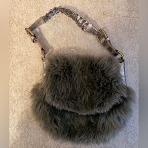 The Gap brown faux fur mini handbag with metallic handle with floral interior